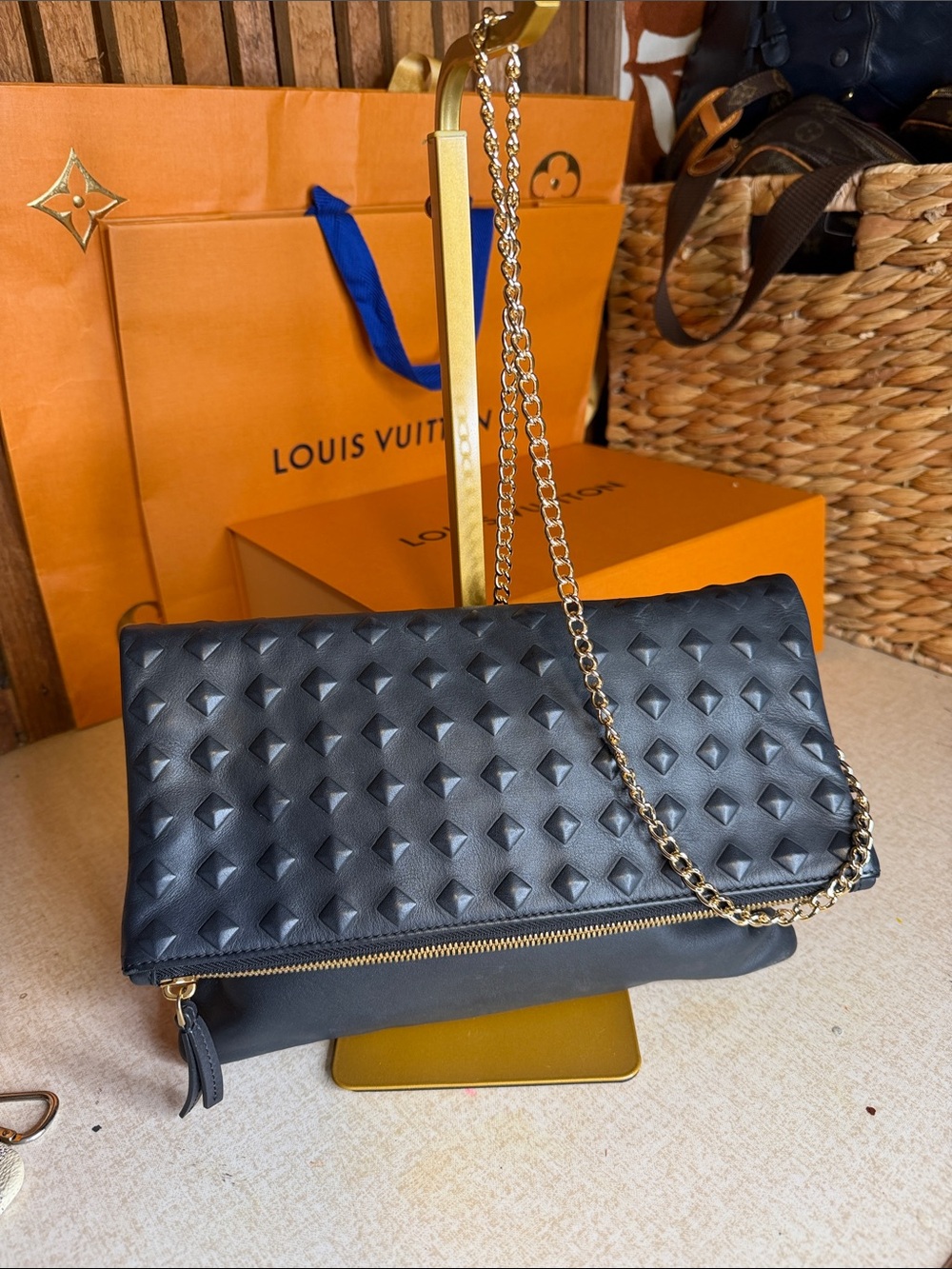 MCM Black Studded Leather Fold-Over Clutch with Gold Chain